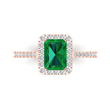 1.96 ct Brilliant Emerald Cut Simulated Emerald Stone Rose Gold Halo Solitaire with Accents Ring