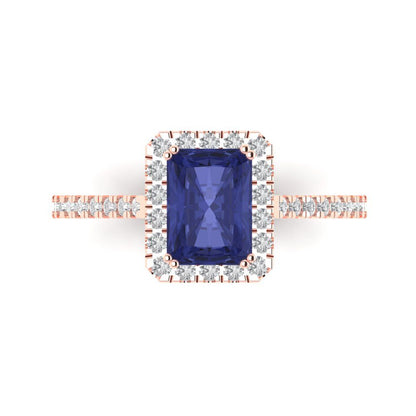 1.86 cttw Simulated Tanzanite Solitaire with Zirconia Simulated Diamond Accents Engagement Ring - Solid Gold (Emerald Cut,7.5x5.5mm)