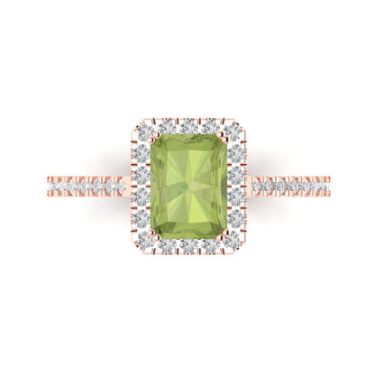 1.86 cttw Natural Peridot Solitaire with Zirconia Simulated Diamond Accents Engagement Ring - Solid Gold (Emerald Cut,7.5x5.5mm)