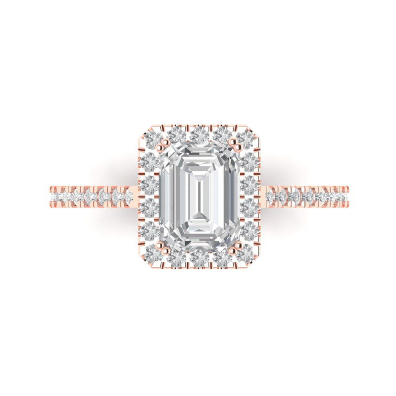 1.96 ct Brilliant Emerald Cut Natural Diamond Stone Clarity SI1-2 Color G-H Rose Gold Halo Solitaire with Accents Ring
