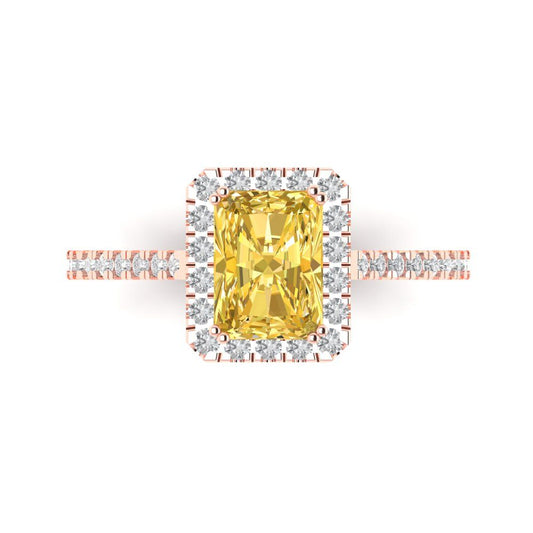 1.86 cttw Zirconia Simulated Yellow Diamond Solitaire with Zirconia Simulated Diamond Accents Engagement Ring - Solid Rose Gold (VVS1, Emerald Cut,7.5x5.5mm)