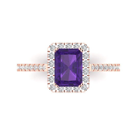 1.86 cttw Natural Amethyst Solitaire with Zirconia Simulated Diamond Accents Engagement Ring - Solid Rose Gold (VVS1, Emerald Cut,7.5x5.5mm)