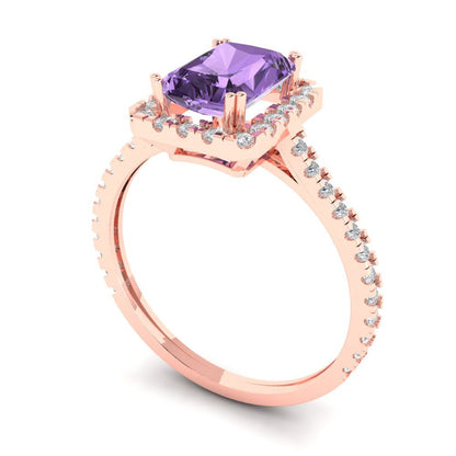 1.86 cttw Simulated Alexandrite Solitaire with Zirconia Simulated Diamond Accents Engagement Ring - Solid Gold (Emerald Cut,7.5x5.5mm)