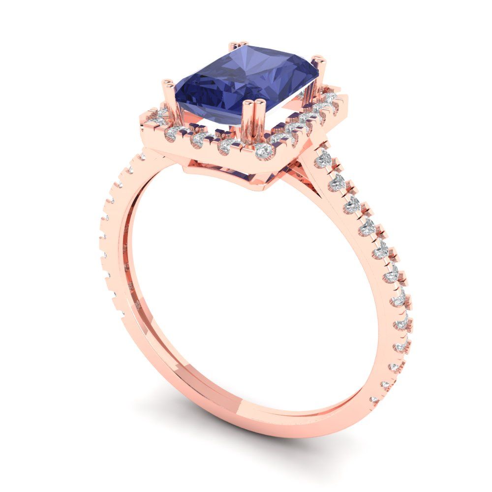 1.86 cttw Simulated Tanzanite Solitaire with Zirconia Simulated Diamond Accents Engagement Ring - Solid Gold (Emerald Cut,7.5x5.5mm)