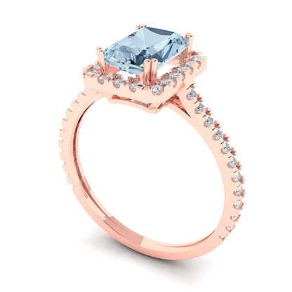 1.86 cttw Natural Aquamarine Solitaire with Zirconia Simulated Diamond Accents Engagement Ring - Solid Gold (Emerald Cut,7.5x5.5mm)