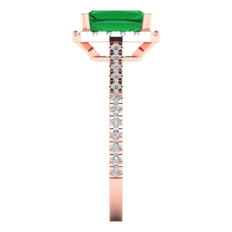 1.96 ct Brilliant Emerald Cut Simulated Emerald Stone Rose Gold Halo Solitaire with Accents Ring