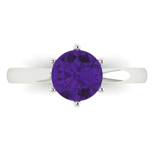 1.5 cttw Natural Amethyst Solitaire  Engagement Ring - Solid White Gold (VVS1, Round Cut,7.5mm)