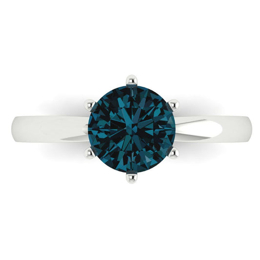 1.5 cttw Natural London Blue Topaz Solitaire  Engagement Ring - Solid White Gold (VVS1, Round Cut,7.5mm)