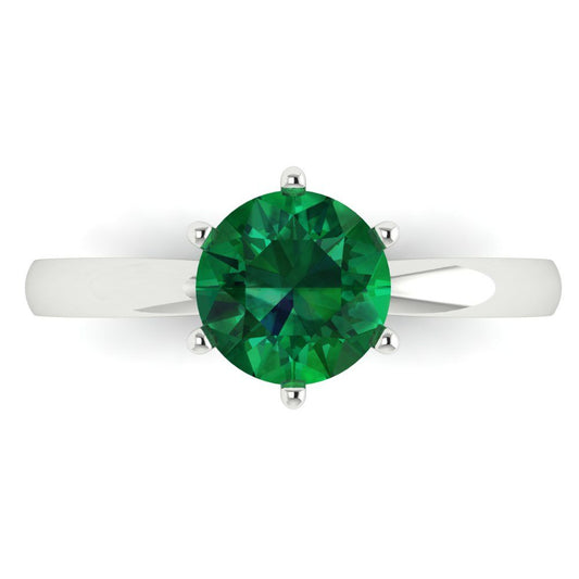 1.5 cttw Simulated Emerald Solitaire  Engagement Ring - Solid White Gold (VVS1, Round Cut,7.5mm)