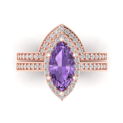 2.4875 cttw Marquise Cut Simulated Alexandrite Bridal Set - Solid Rose Gold Engagement Ring & Wedding Band