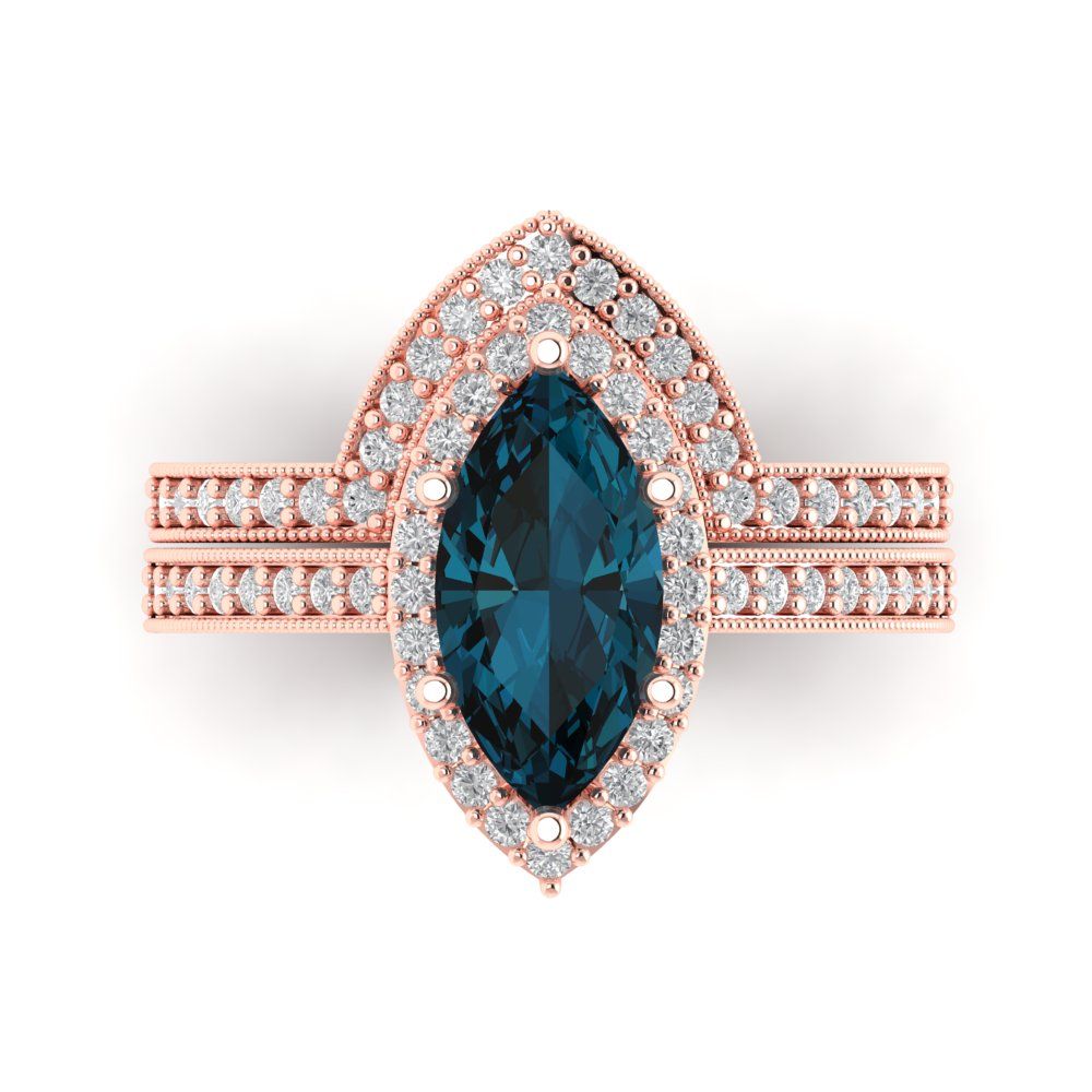 2.4875 cttw Marquise Cut Natural London Blue Topaz Bridal Set - Solid Rose Gold Engagement Ring & Wedding Band