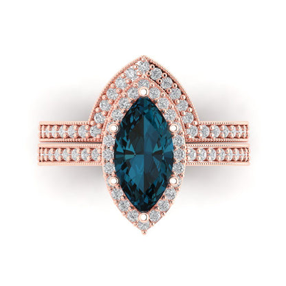 2.4875 cttw Marquise Cut Natural London Blue Topaz Bridal Set - Solid Rose Gold Engagement Ring & Wedding Band
