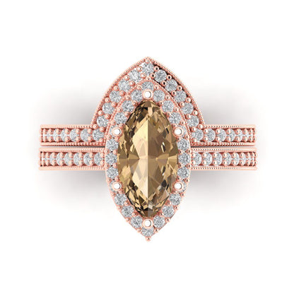 2.4875 cttw Marquise Cut Simulated Champagne Diamond Bridal Set - Solid Rose Gold Engagement Ring & Wedding Band