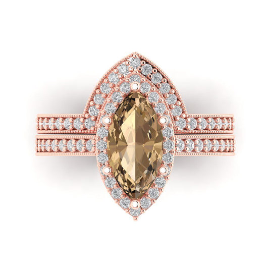 2.4875 cttw Marquise Cut Simulated Champagne Diamond Bridal Set - Solid Rose Gold Engagement Ring & Wedding Band