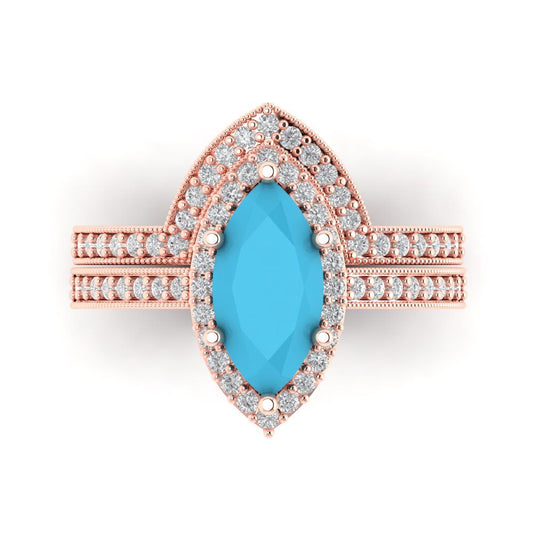 2.4875 cttw Marquise Cut Simulated Turquoise Bridal Set - Solid Rose Gold Engagement Ring & Wedding Band