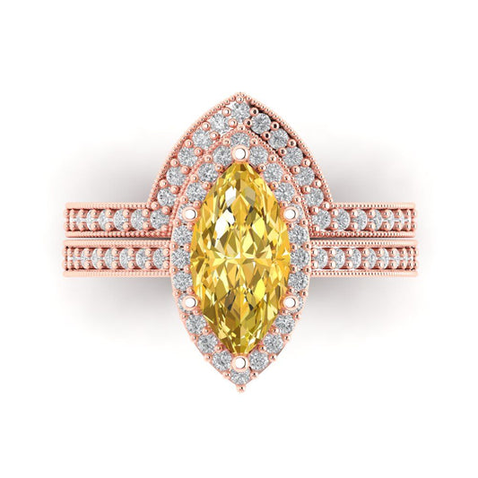 2.4875 cttw Marquise Cut Simulated Yellow Diamond Bridal Set - Solid Rose Gold Engagement Ring & Wedding Band