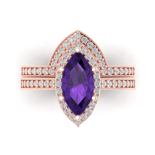 2.4875 cttw Marquise Cut Natural Amethyst Bridal Set - Solid Rose Gold Engagement Ring & Wedding Band