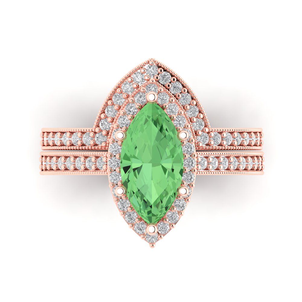 2.4875 cttw Marquise Cut Simulated Green Diamond Bridal Set - Solid Rose Gold Engagement Ring & Wedding Band