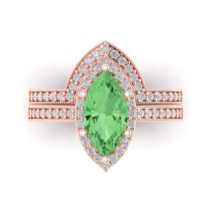 2.4875 cttw Marquise Cut Simulated Green Diamond Bridal Set - Solid Rose Gold Engagement Ring & Wedding Band