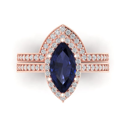 2.4875 cttw Marquise Cut Simulated Blue Sapphire Bridal Set - Solid Rose Gold Engagement Ring & Wedding Band