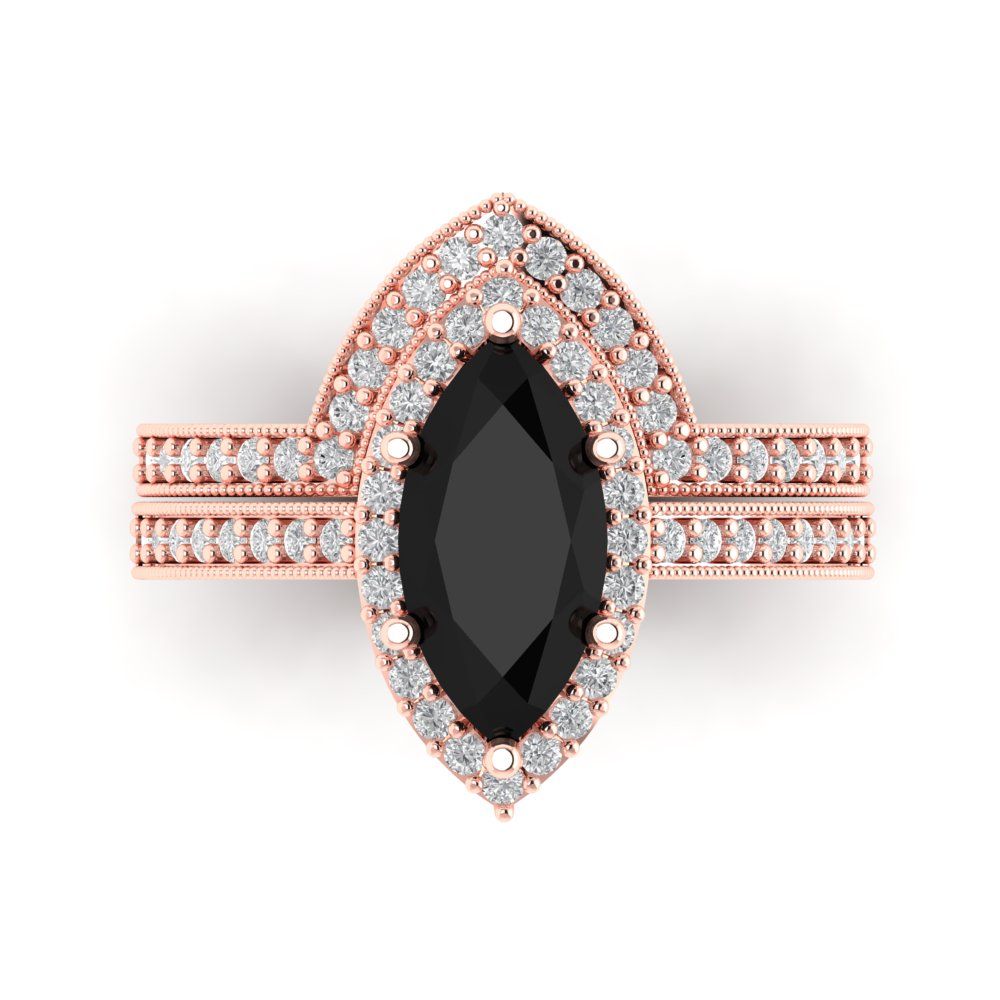 2.4875 cttw Marquise Cut Natural Onyx Bridal Set - Solid Rose Gold Engagement Ring & Wedding Band