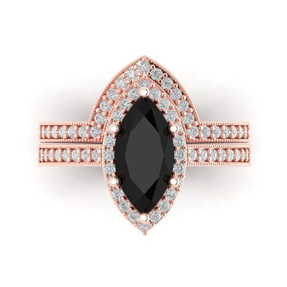 2.4875 cttw Marquise Cut Natural Onyx Bridal Set - Solid Rose Gold Engagement Ring & Wedding Band