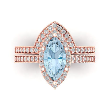 2.4875 cttw Marquise Cut Natural Sky Blue Topaz Bridal Set - Solid Rose Gold Engagement Ring & Wedding Band