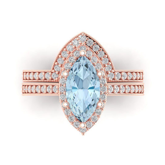 2.4875 cttw Marquise Cut Natural Sky Blue Topaz Bridal Set - Solid Rose Gold Engagement Ring & Wedding Band
