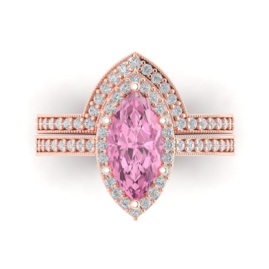 2.4875 cttw Marquise Cut Simulated Pink Diamond Bridal Set - Solid Rose Gold Engagement Ring & Wedding Band