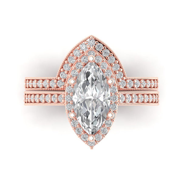 2.16 ct Brilliant Marquise Cut Genuine Cultured Diamond Stone Clarity VS1-2 Color J-K Rose Gold Halo Solitaire with Accents Bridal Set