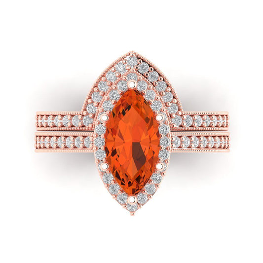 2.4875 cttw Marquise Cut Simulated Red Diamond Bridal Set - Solid Rose Gold Engagement Ring & Wedding Band