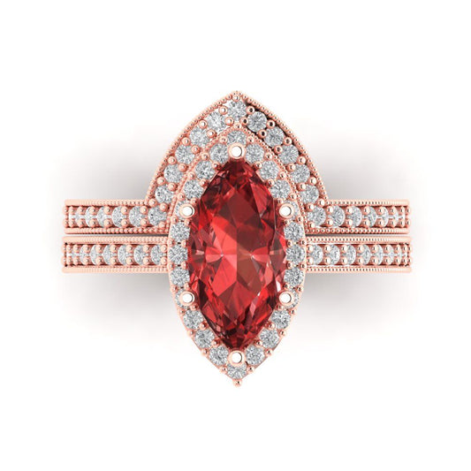 2.4875 cttw Marquise Cut Natural Garnet Bridal Set - Solid Rose Gold Engagement Ring & Wedding Band