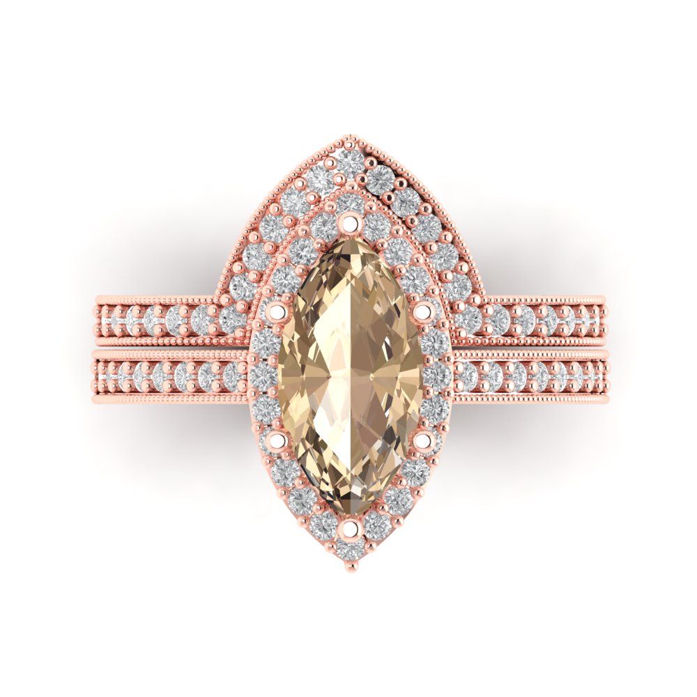 2.4875 cttw Marquise Cut Yellow Moissanite Bridal Set - Solid Rose Gold Engagement Ring & Wedding Band