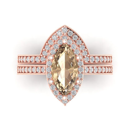 2.4875 cttw Marquise Cut Yellow Moissanite Bridal Set - Solid Rose Gold Engagement Ring & Wedding Band