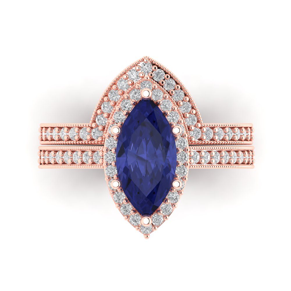2.4875 cttw Marquise Cut Simulated Tanzanite Bridal Set - Solid Rose Gold Engagement Ring & Wedding Band
