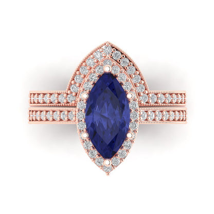 2.4875 cttw Marquise Cut Simulated Tanzanite Bridal Set - Solid Rose Gold Engagement Ring & Wedding Band