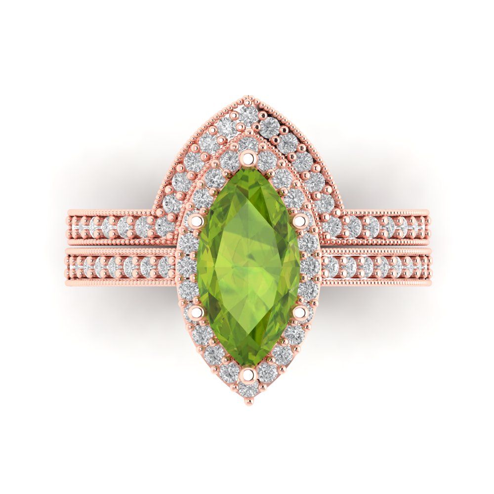2.4875 cttw Marquise Cut Natural Peridot Bridal Set - Solid Rose Gold Engagement Ring & Wedding Band