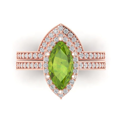 2.4875 cttw Marquise Cut Natural Peridot Bridal Set - Solid Rose Gold Engagement Ring & Wedding Band