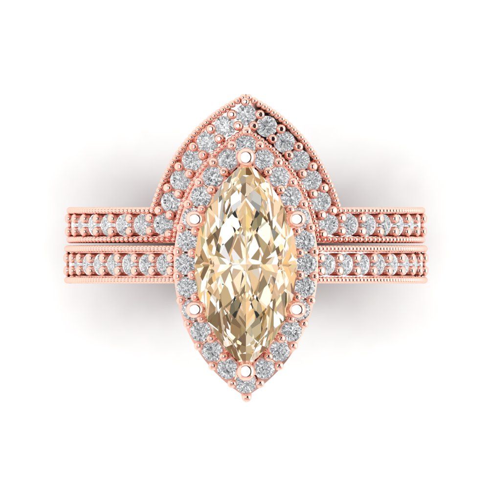 2.4875 cttw Marquise Cut Natural Morganite Bridal Set - Solid Rose Gold Engagement Ring & Wedding Band