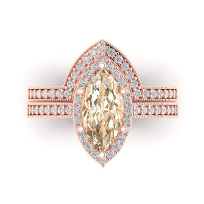 2.4875 cttw Marquise Cut Natural Morganite Bridal Set - Solid Rose Gold Engagement Ring & Wedding Band