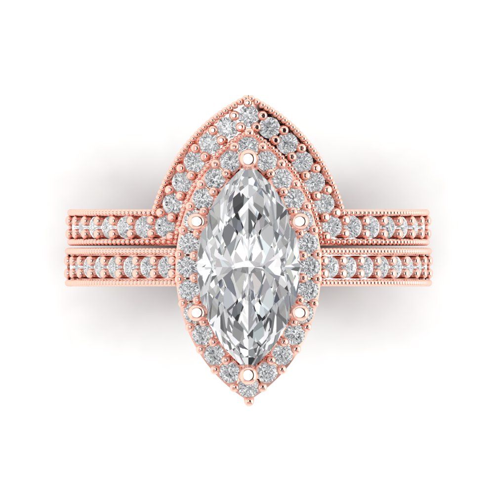 2.4875 cttw Marquise Cut Zirconia Simulated Diamond Bridal Set - Solid Rose Gold Engagement Ring & Wedding Band