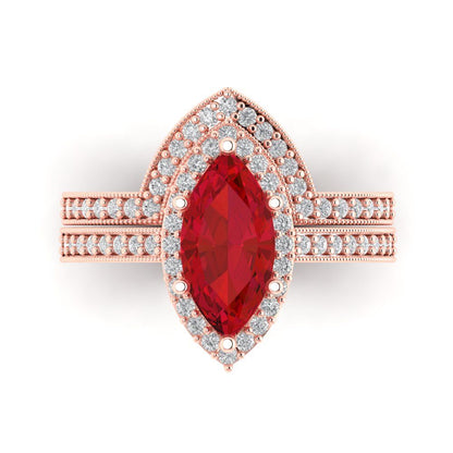 2.4875 cttw Marquise Cut Simulated Ruby Bridal Set - Solid Rose Gold Engagement Ring & Wedding Band