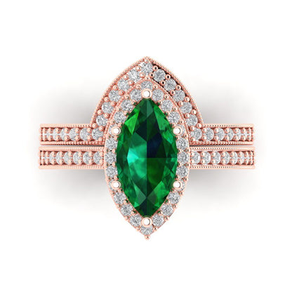 2.4875 cttw Marquise Cut Simulated Emerald Bridal Set - Solid Rose Gold Engagement Ring & Wedding Band
