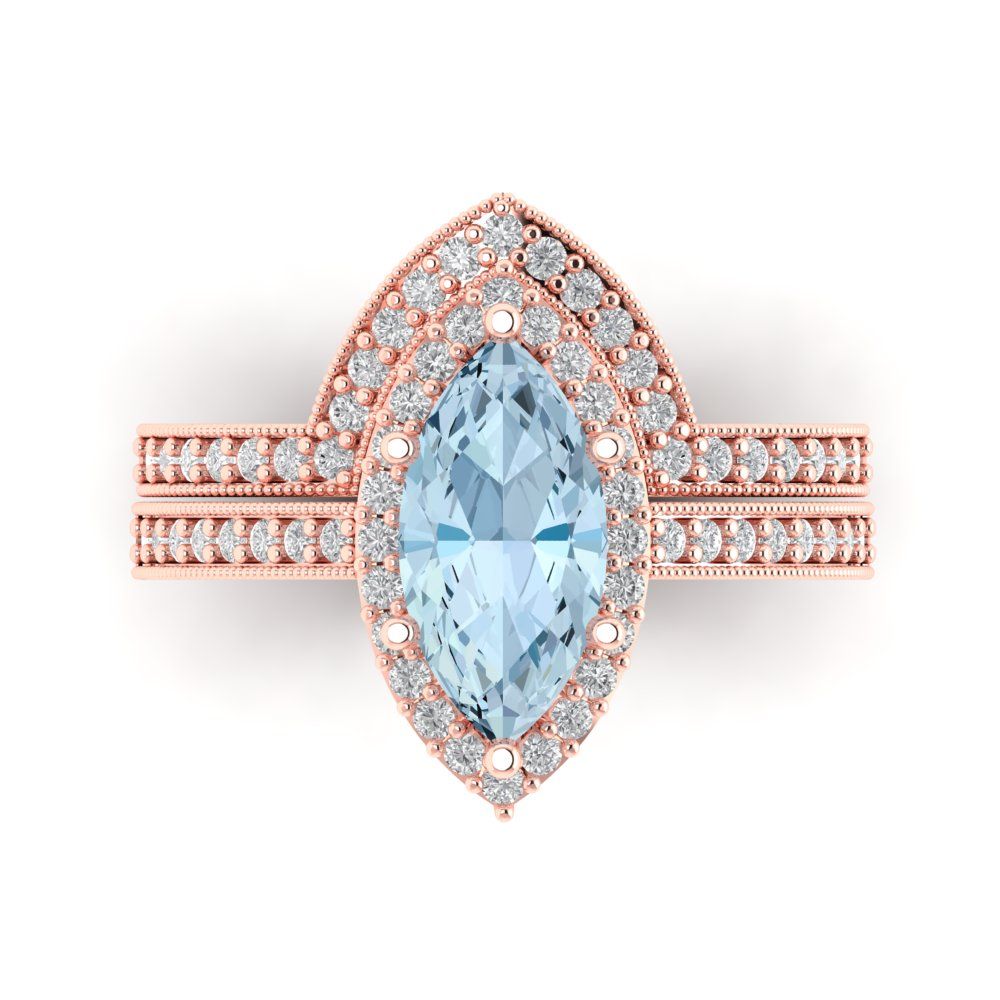 2.4875 cttw Marquise Cut Natural Swiss Blue Topaz Bridal Set - Solid Rose Gold Engagement Ring & Wedding Band