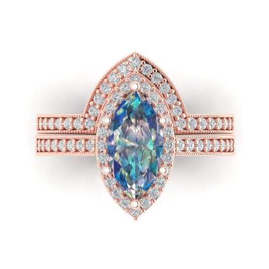 2.4875 cttw Marquise Cut Blue Moissanite Bridal Set - Solid Rose Gold Engagement Ring & Wedding Band