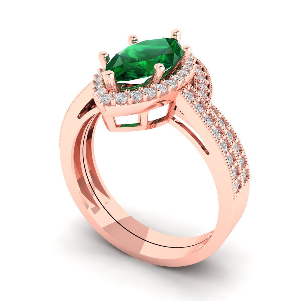 2.4875 cttw Marquise Cut Simulated Emerald Bridal Set - Solid Rose Gold Engagement Ring & Wedding Band