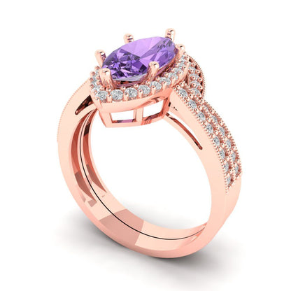 2.4875 cttw Marquise Cut Simulated Alexandrite Bridal Set - Solid Rose Gold Engagement Ring & Wedding Band