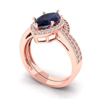 2.4875 cttw Marquise Cut Simulated Blue Sapphire Bridal Set - Solid Rose Gold Engagement Ring & Wedding Band