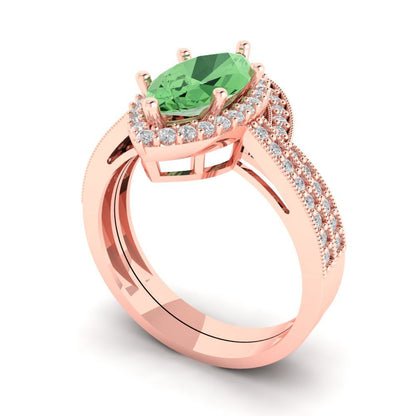 2.4875 cttw Marquise Cut Simulated Green Diamond Bridal Set - Solid Rose Gold Engagement Ring & Wedding Band