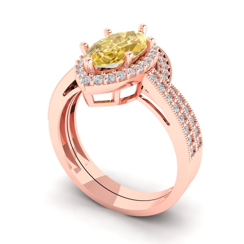 2.4875 cttw Marquise Cut Yellow Moissanite Bridal Set - Solid Rose Gold Engagement Ring & Wedding Band